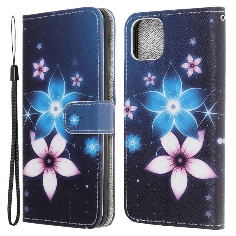 Capa Folio Para iPhone 13 Mini De Cordão Flores De Cinta Lunar