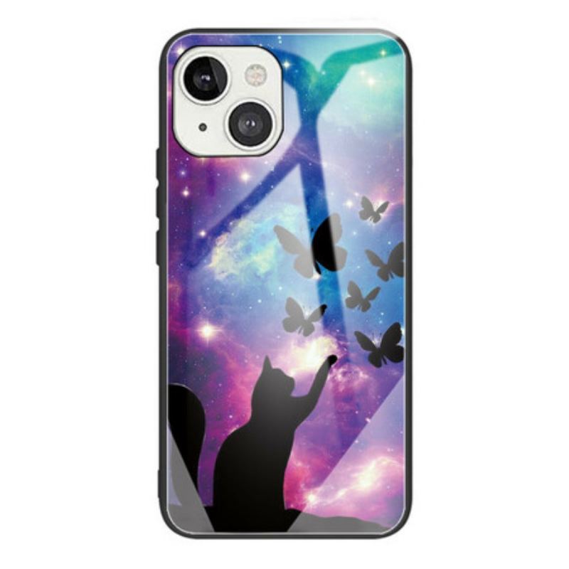 Capa Para iPhone 13 Mini Gato De Vidro Temperado E Borboletas No Espaço