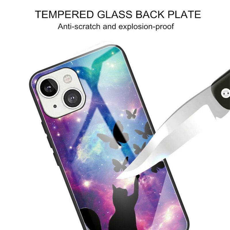 Capa Para iPhone 13 Mini Gato De Vidro Temperado E Borboletas No Espaço