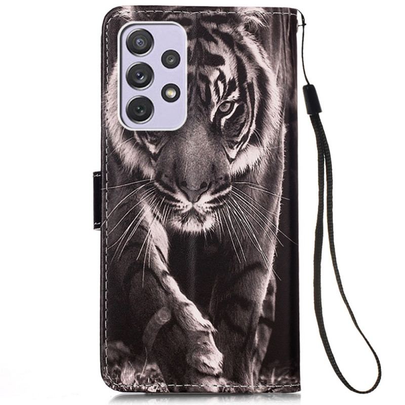 Capa Em Pele Para Samsung Galaxy A33 5G De Cordão Strappy Night Tiger