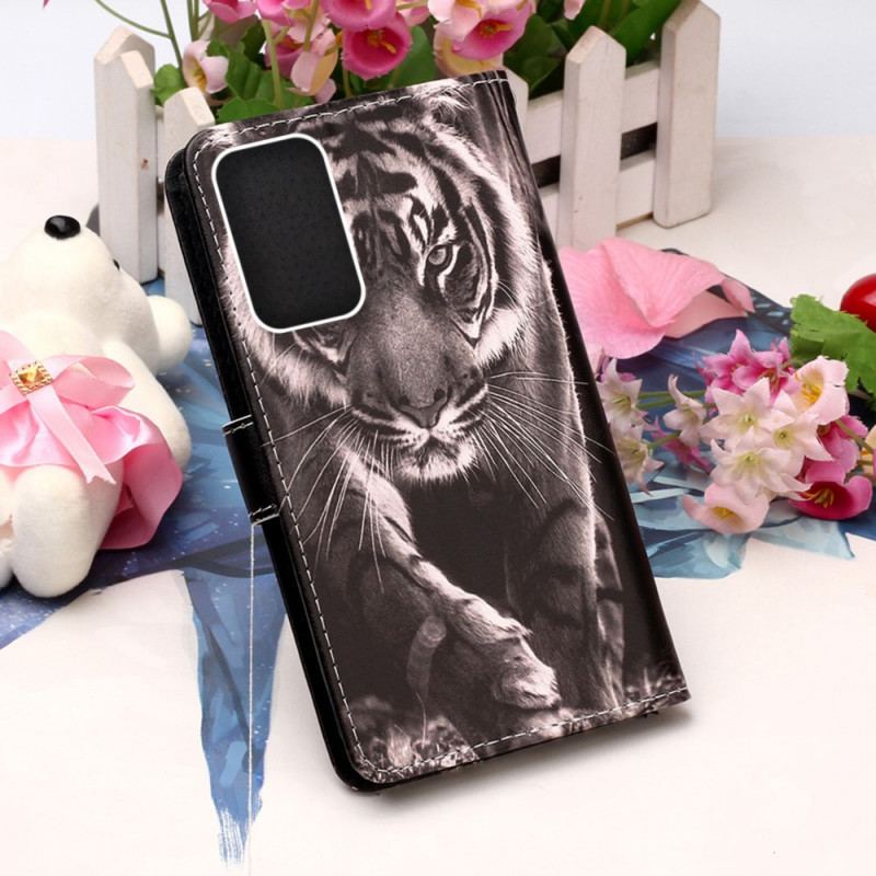 Capa Em Pele Para Samsung Galaxy A33 5G De Cordão Strappy Night Tiger