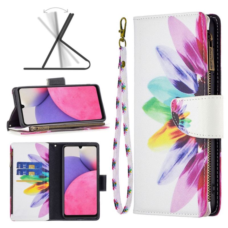 Capa Flip Para Samsung Galaxy A33 5G Bolso Com Zíper Flor