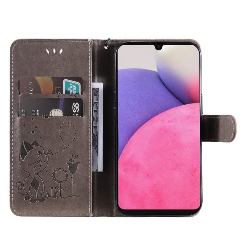 Capa Flip Para Samsung Galaxy A33 5G De Cordão Strappy Gato E Abelhas