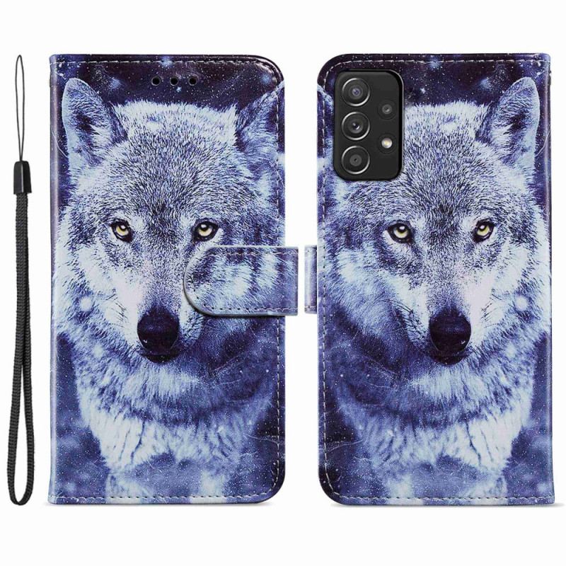 Capa Flip Para Samsung Galaxy A33 5G Lobo Soberbo Com Cordão