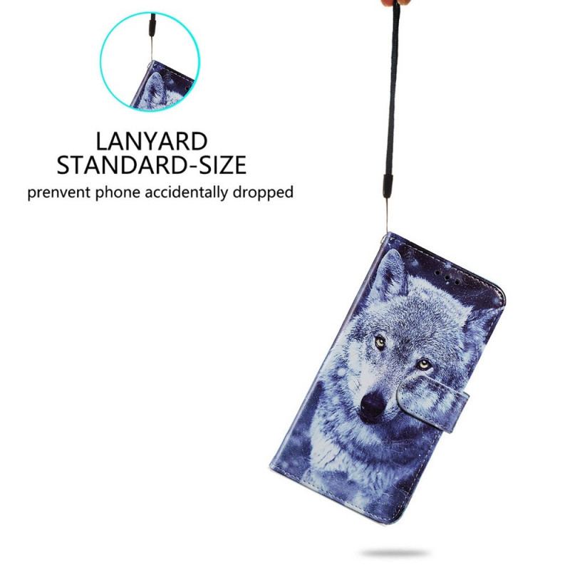 Capa Flip Para Samsung Galaxy A33 5G Lobo Soberbo Com Cordão