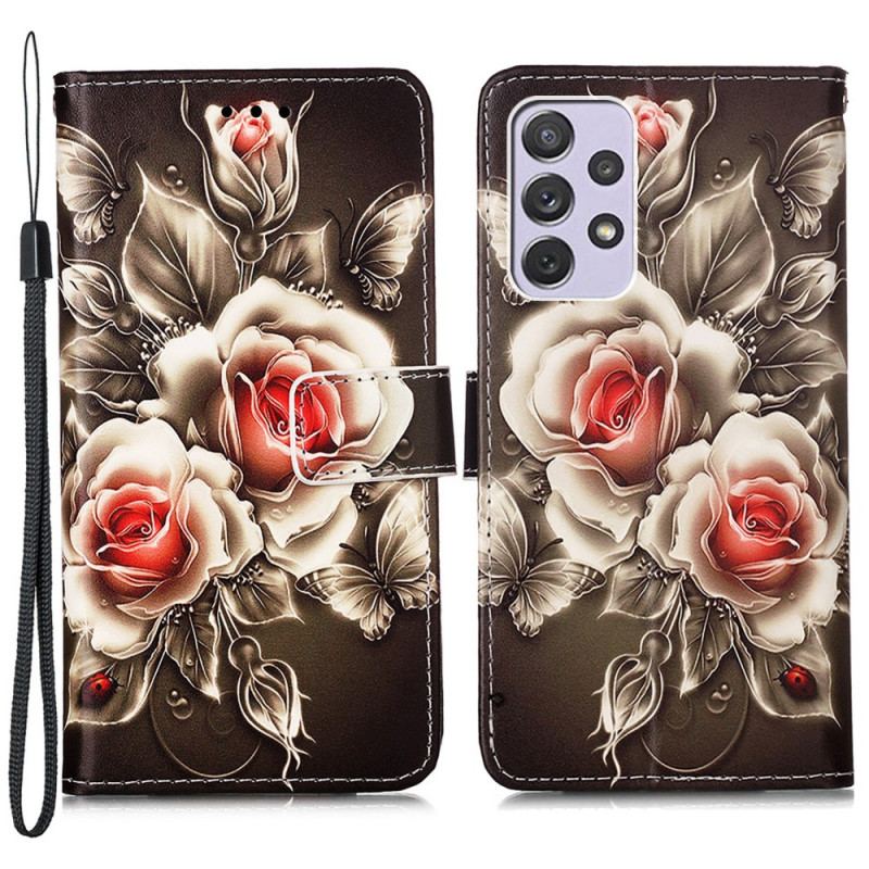 Capa Flip Para Samsung Galaxy A33 5G Rosas Douradas