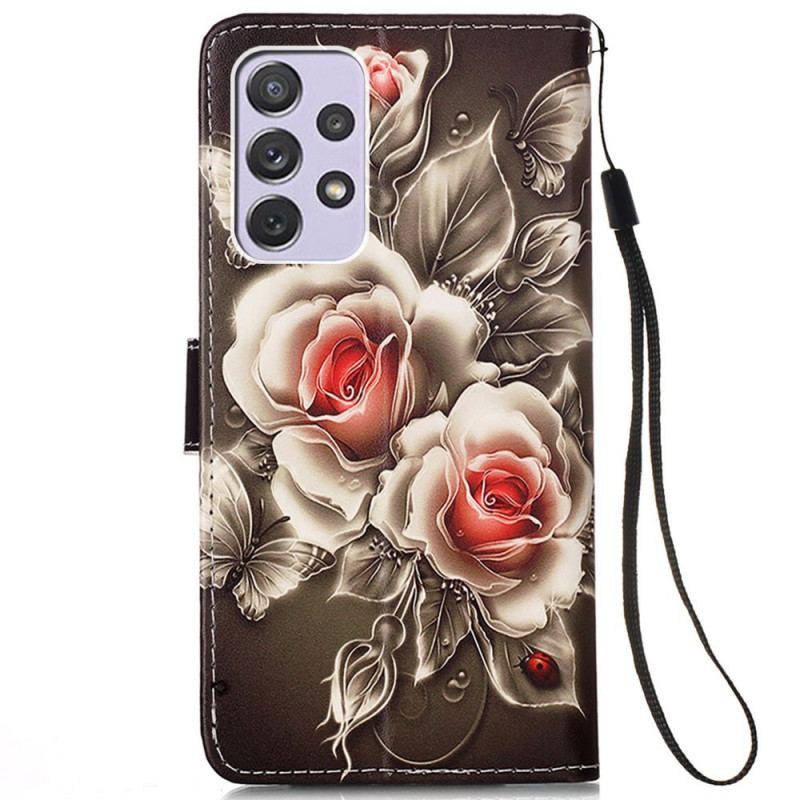 Capa Flip Para Samsung Galaxy A33 5G Rosas Douradas