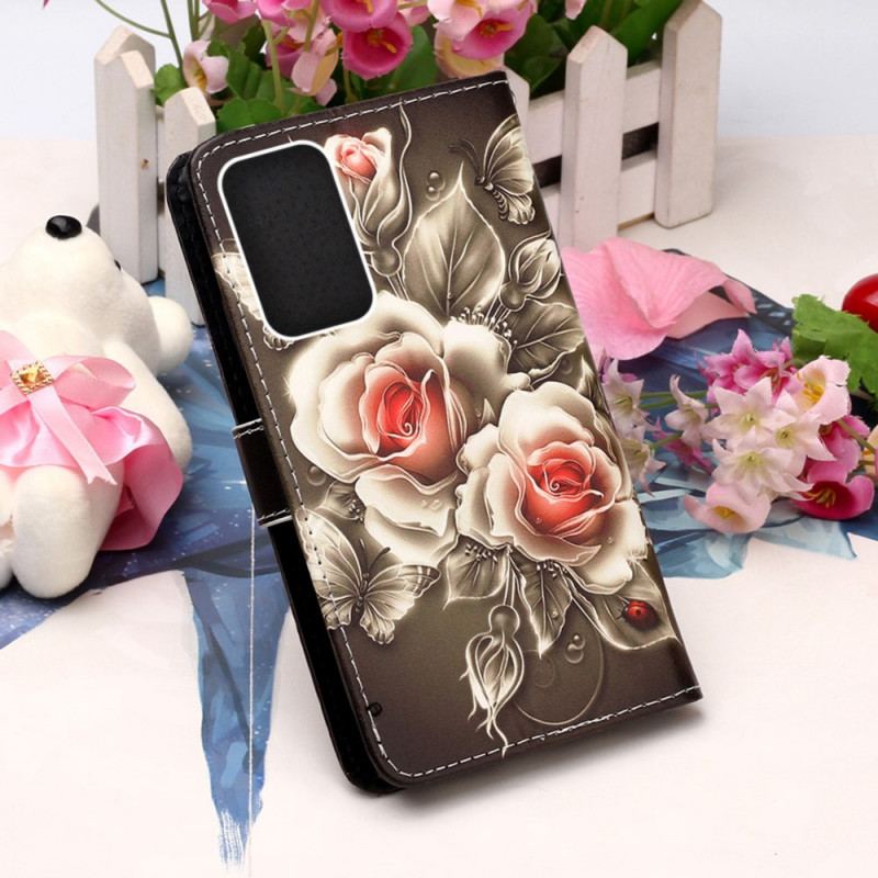 Capa Flip Para Samsung Galaxy A33 5G Rosas Douradas