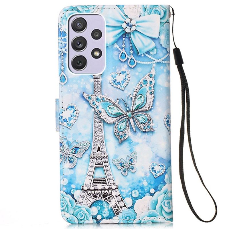 Capa Folio Para Samsung Galaxy A33 5G De Cordão Correia Borboleta Torre Eiffel