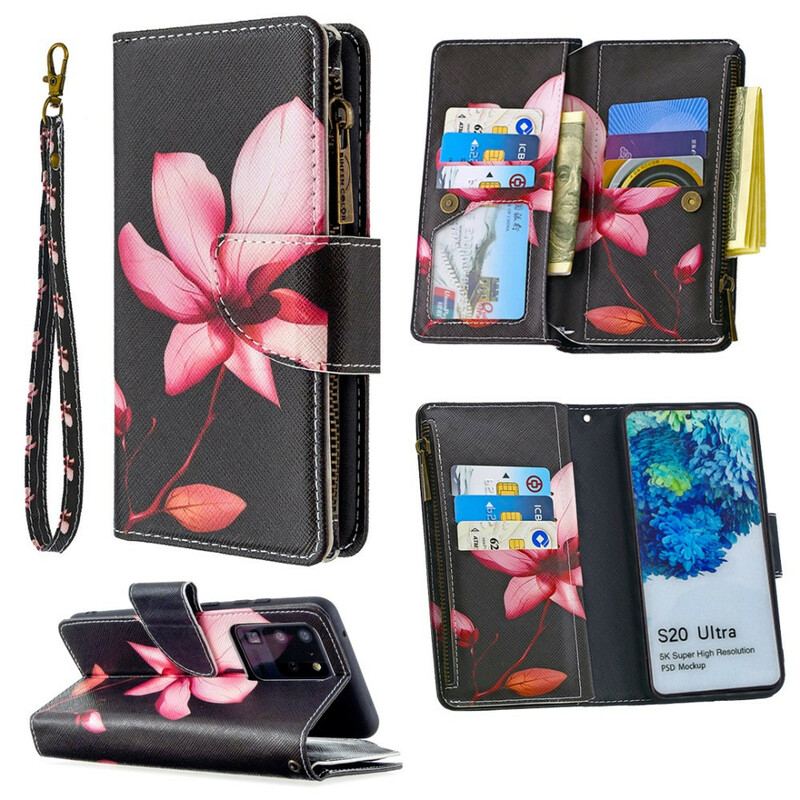 Capa De Couro Para Samsung Galaxy S20 Ultra Bolso Com Zíper Flor