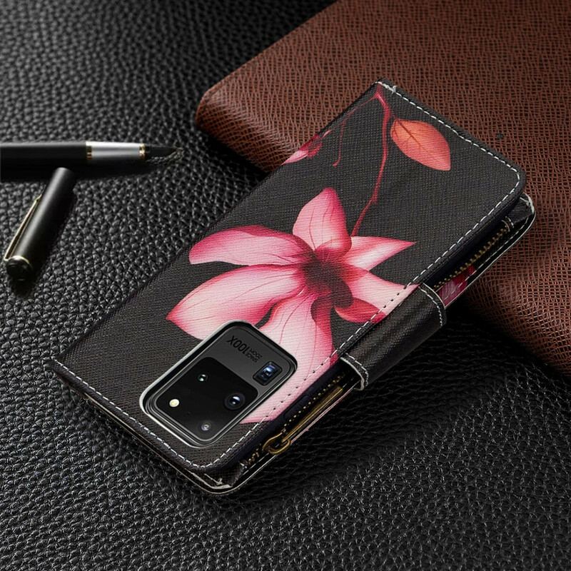 Capa De Couro Para Samsung Galaxy S20 Ultra Bolso Com Zíper Flor