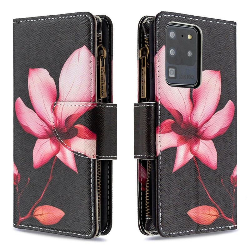 Capa De Couro Para Samsung Galaxy S20 Ultra Bolso Com Zíper Flor