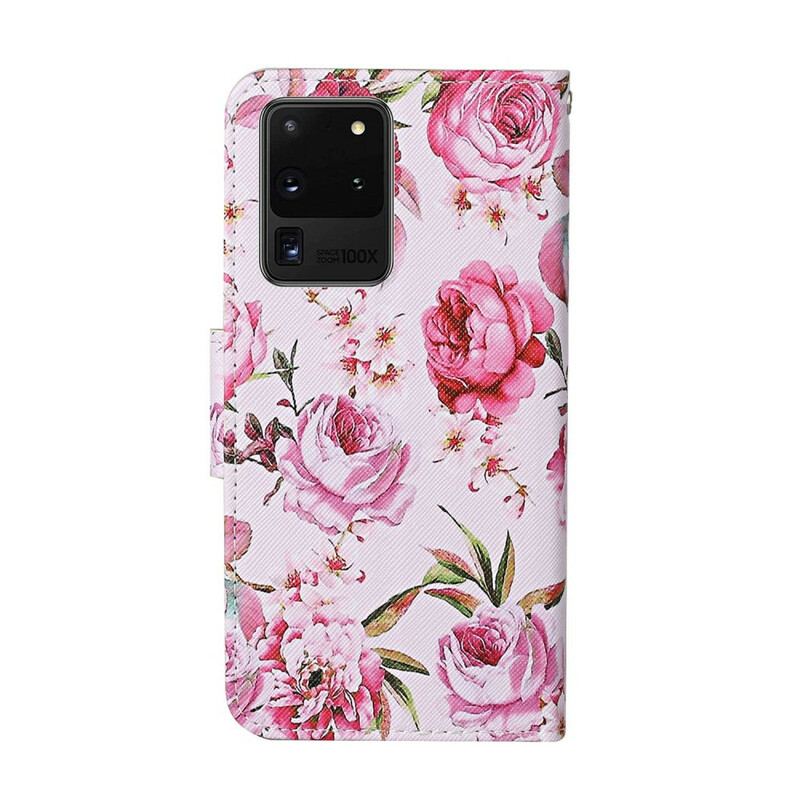 Capa De Couro Para Samsung Galaxy S20 Ultra Flores Magistrais Com Alça