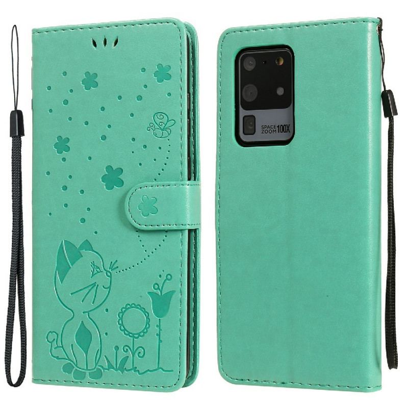 Capa Flip Para Samsung Galaxy S20 Ultra De Cordão Gato E Abelha Com Cordão