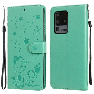 Capa Flip Para Samsung Galaxy S20 Ultra De Cordão Gato E Abelha Com Cordão