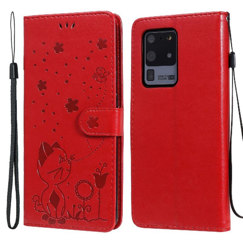 Capa Flip Para Samsung Galaxy S20 Ultra De Cordão Gato E Abelha Com Cordão