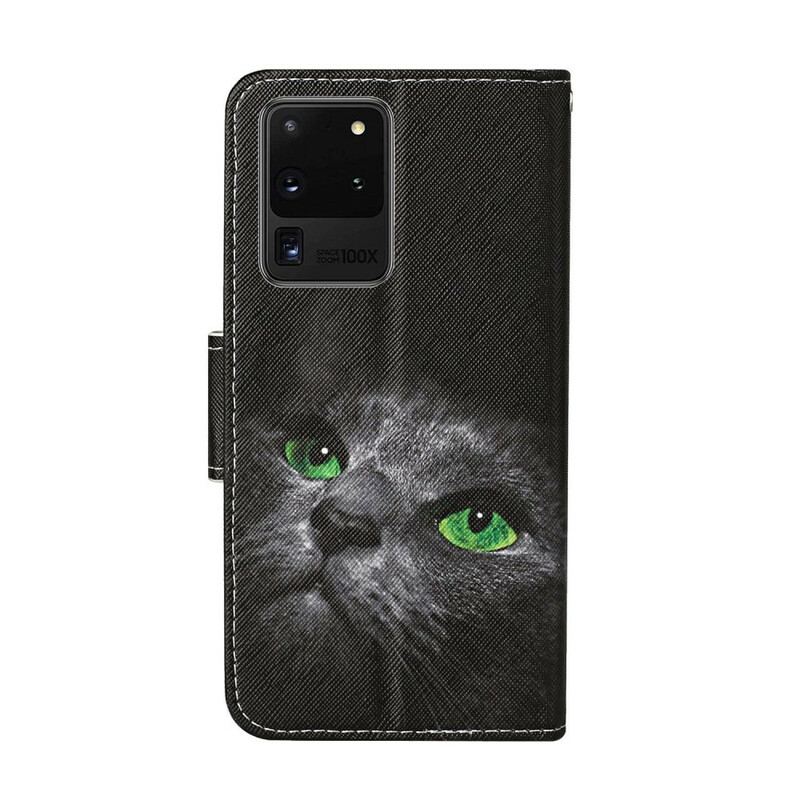 Capa Flip Para Samsung Galaxy S20 Ultra Gato De Olhos Verdes Com Cordão