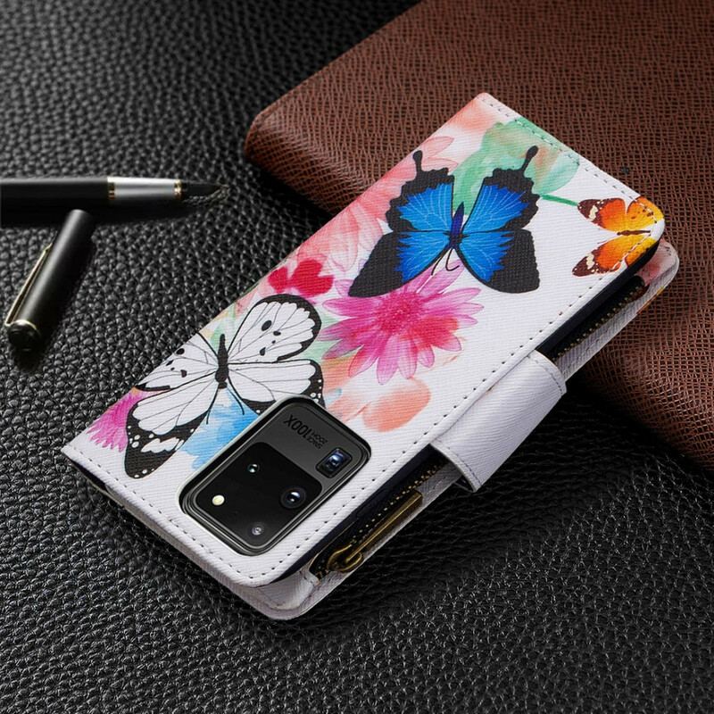 Capa Folio Para Samsung Galaxy S20 Ultra Bolso Com Zíper De Borboletas