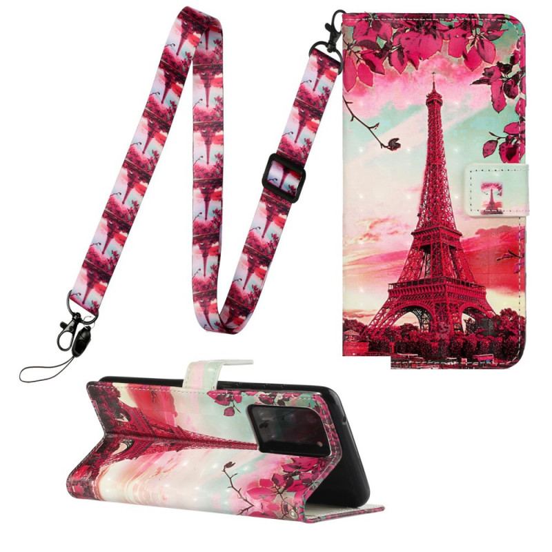 Capa Folio Para Samsung Galaxy S20 Ultra De Cordão Alça Ajustável Torre Eiffel