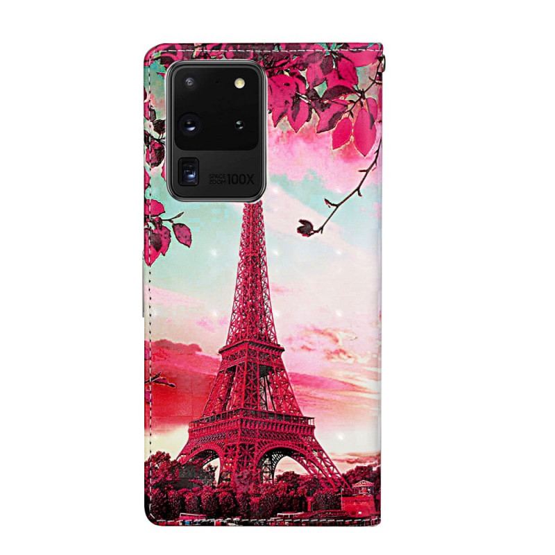 Capa Folio Para Samsung Galaxy S20 Ultra De Cordão Alça Ajustável Torre Eiffel