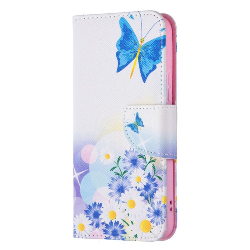 Capa De Couro Para Samsung Galaxy S22 5G Borboletas E Flores Pintadas