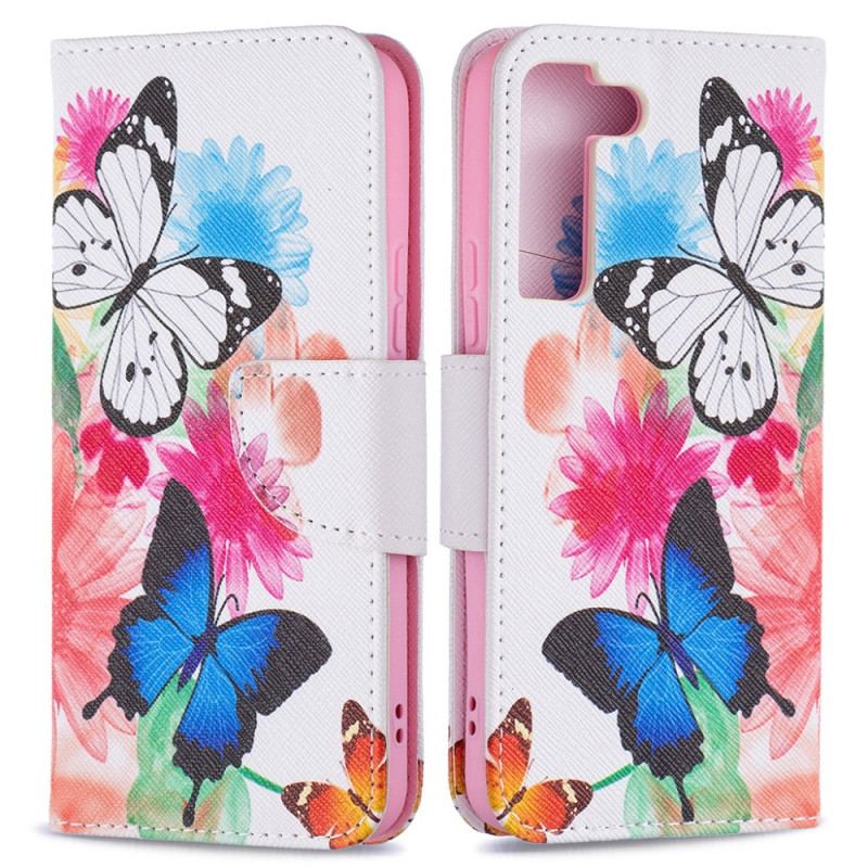 Capa De Couro Para Samsung Galaxy S22 5G Borboletas E Flores Pintadas