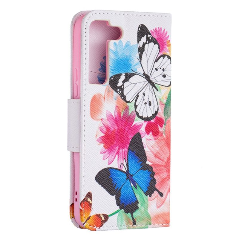 Capa De Couro Para Samsung Galaxy S22 5G Borboletas E Flores Pintadas