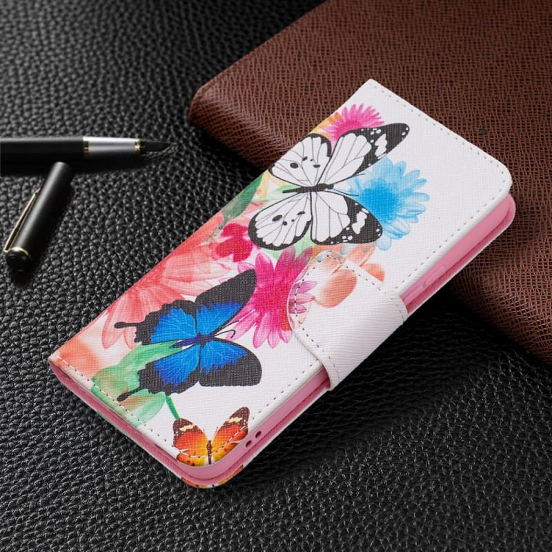 Capa De Couro Para Samsung Galaxy S22 5G Borboletas E Flores Pintadas