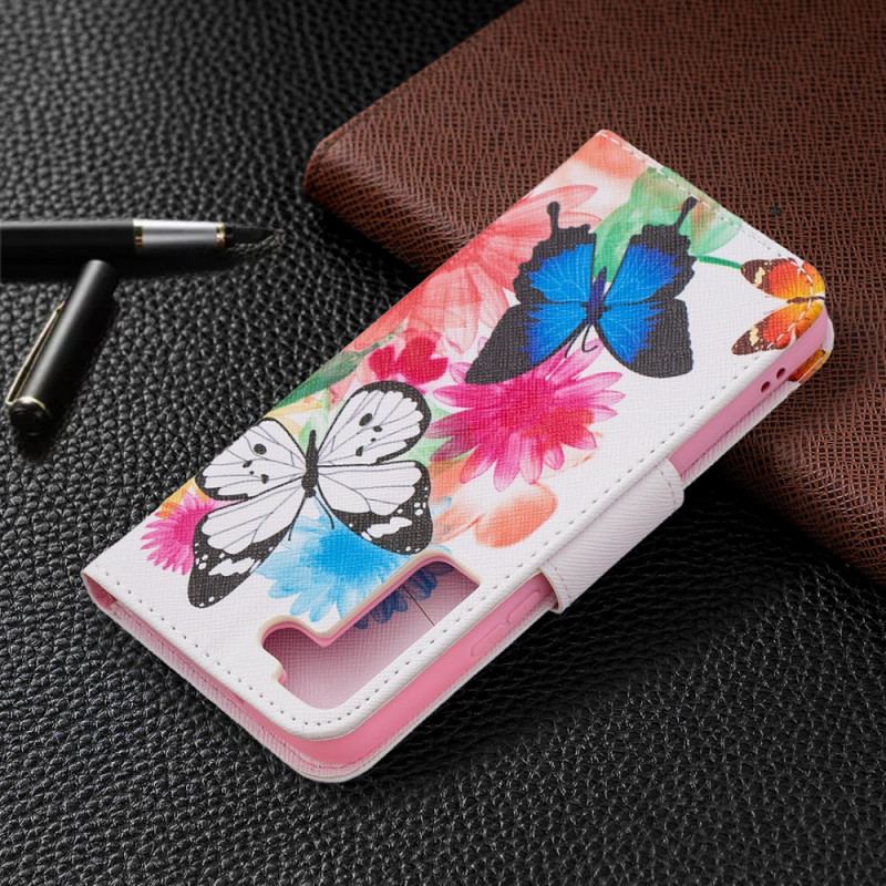 Capa De Couro Para Samsung Galaxy S22 5G Borboletas E Flores Pintadas