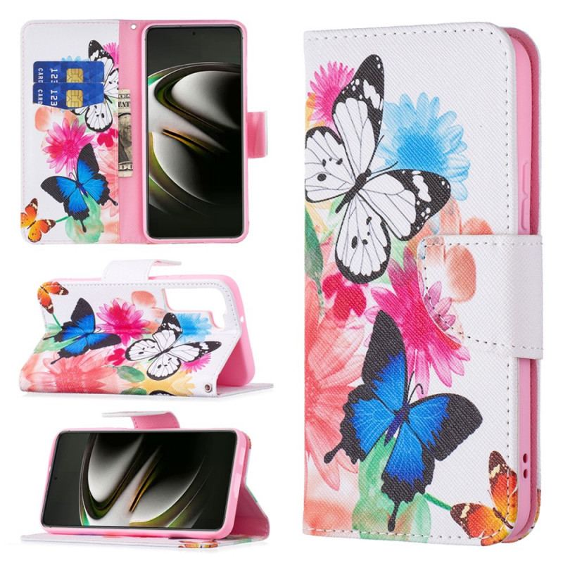 Capa De Couro Para Samsung Galaxy S22 5G Borboletas E Flores Pintadas