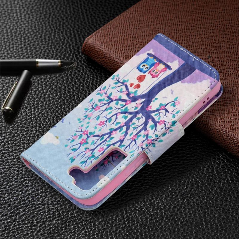 Capa De Couro Para Samsung Galaxy S22 5G Corujas No Balanço