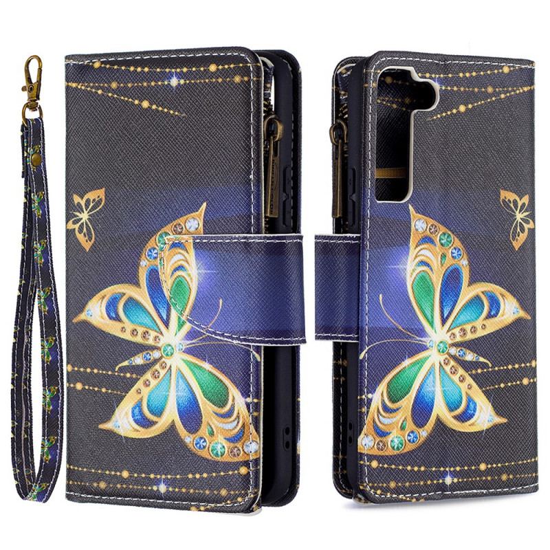 Capa Em Pele Para Samsung Galaxy S22 5G Bolso Com Zíper De Borboletas