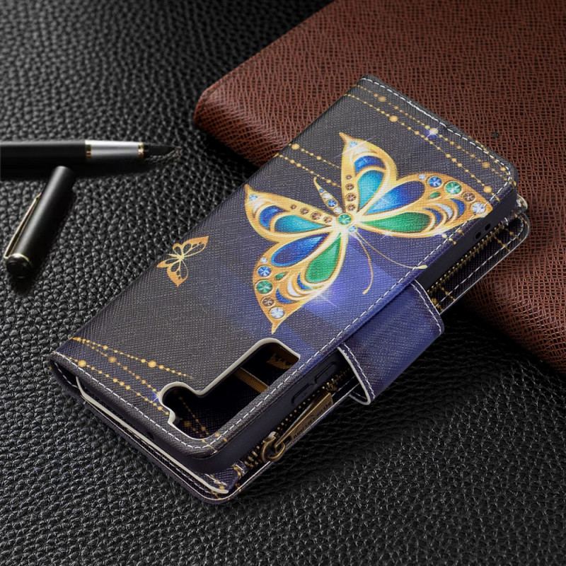 Capa Em Pele Para Samsung Galaxy S22 5G Bolso Com Zíper De Borboletas