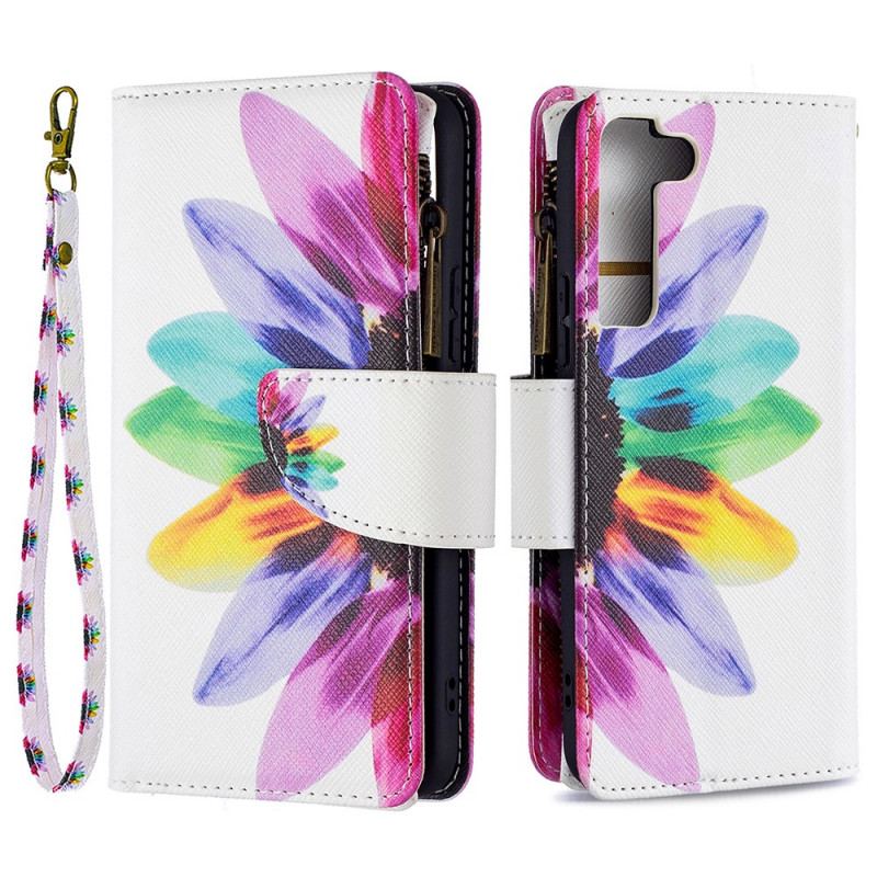 Capa Em Pele Para Samsung Galaxy S22 5G Bolso Com Zíper Flor