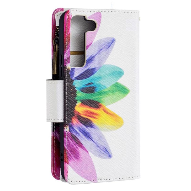 Capa Em Pele Para Samsung Galaxy S22 5G Bolso Com Zíper Flor