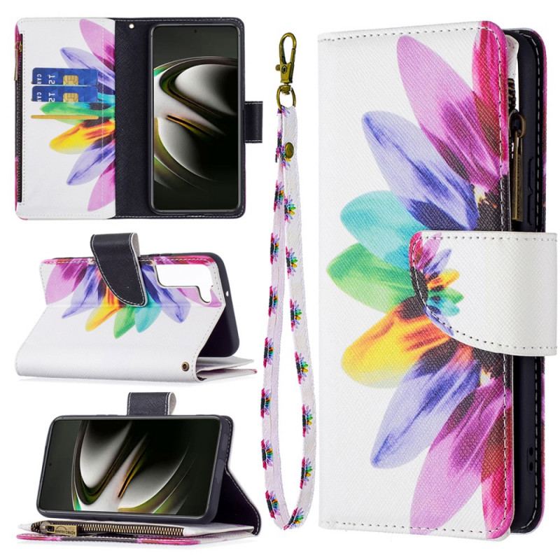 Capa Em Pele Para Samsung Galaxy S22 5G Bolso Com Zíper Flor