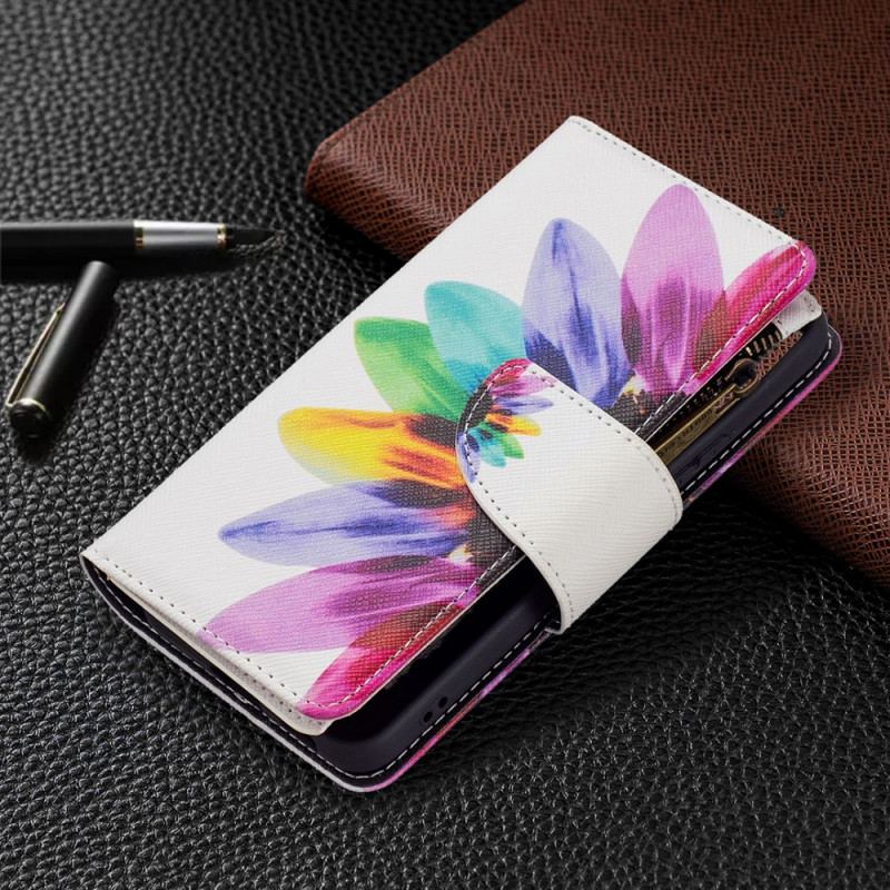 Capa Em Pele Para Samsung Galaxy S22 5G Bolso Com Zíper Flor