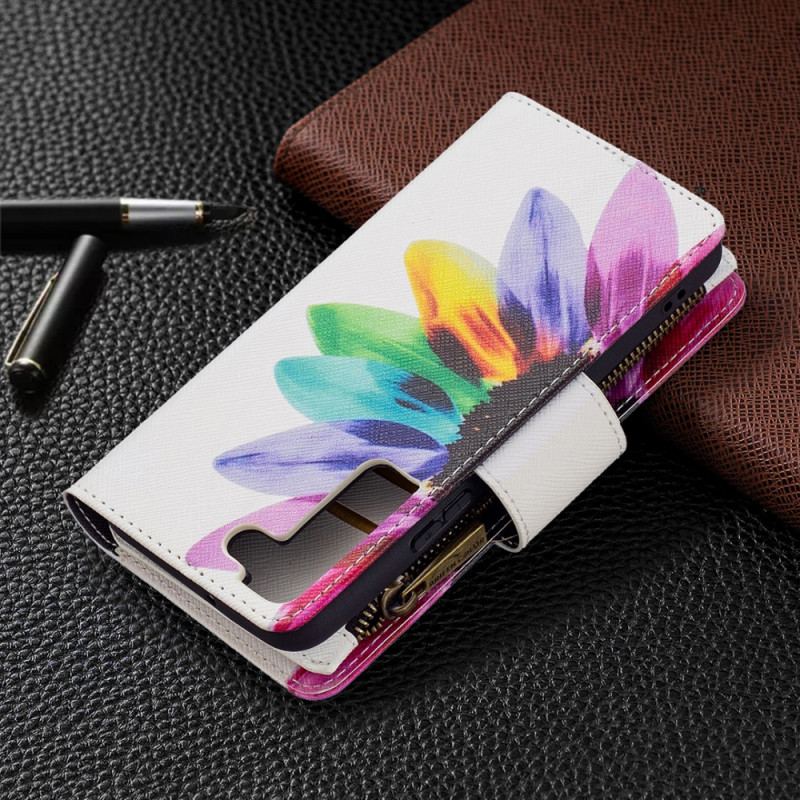 Capa Em Pele Para Samsung Galaxy S22 5G Bolso Com Zíper Flor