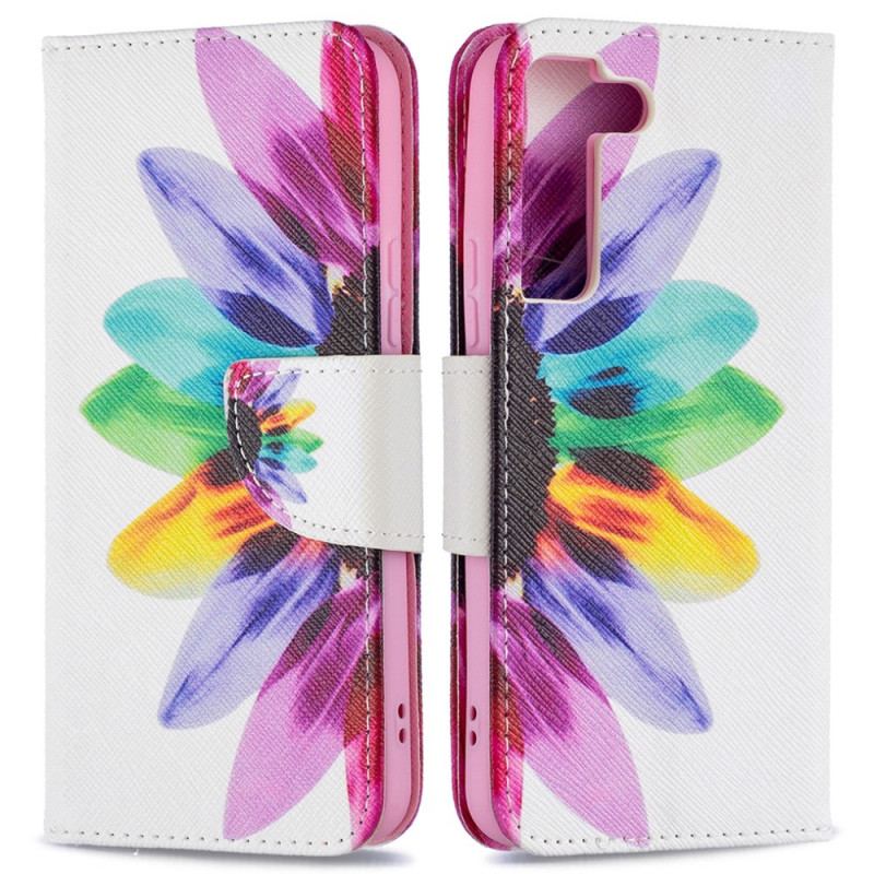 Capa Em Pele Para Samsung Galaxy S22 5G Flor Aquarela