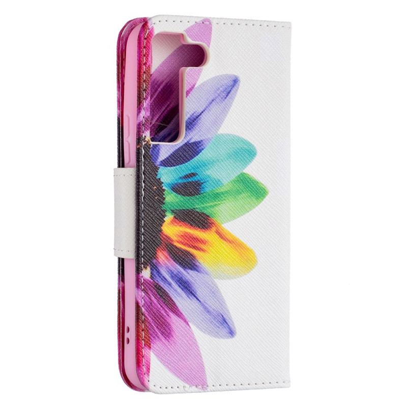 Capa Em Pele Para Samsung Galaxy S22 5G Flor Aquarela