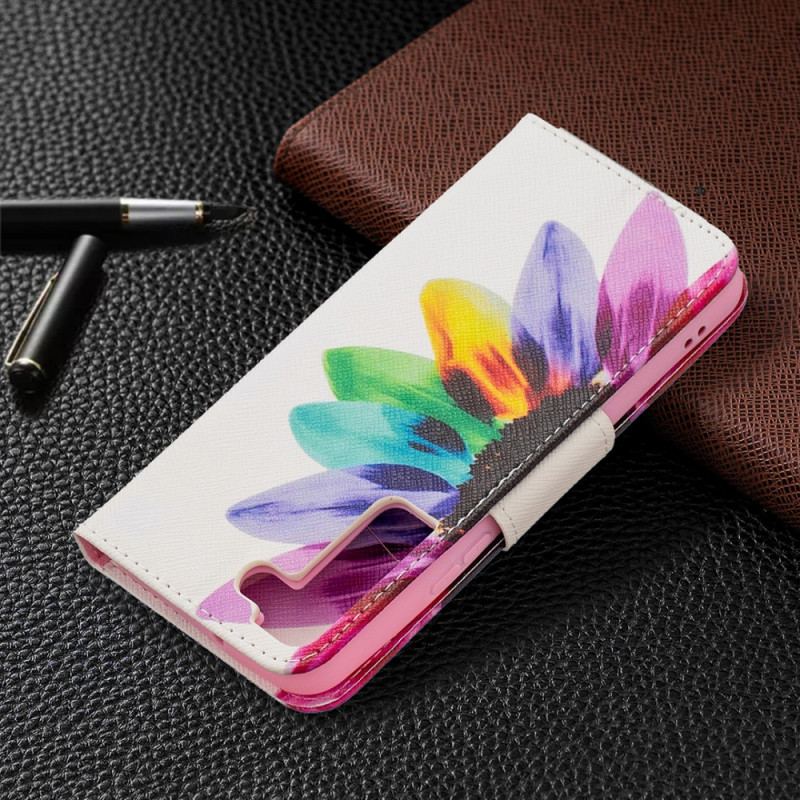 Capa Em Pele Para Samsung Galaxy S22 5G Flor Aquarela