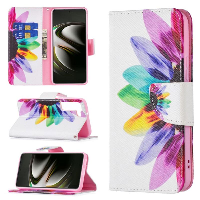 Capa Em Pele Para Samsung Galaxy S22 5G Flor Aquarela