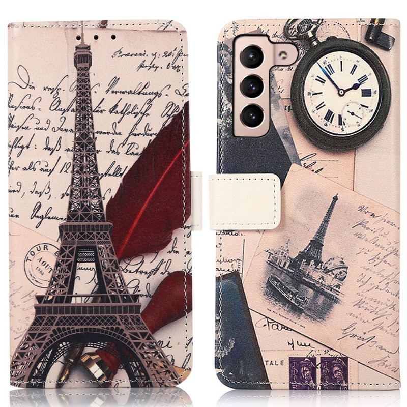 Capa Em Pele Para Samsung Galaxy S22 5G Torre Eiffel Do Poeta