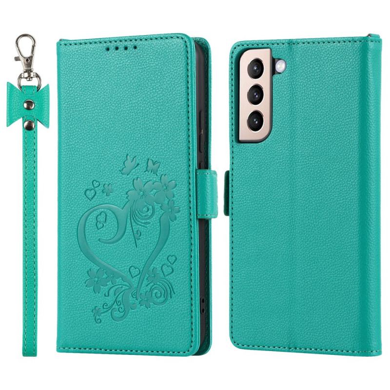 Capa Flip Para Samsung Galaxy S22 5G Coração Com Cordão