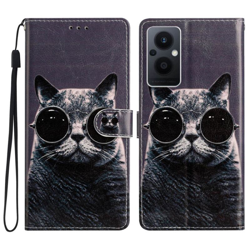 Capa Em Pele Para Oppo Reno 8 Lite De Cordão Óculos De Tiras Para Gatos