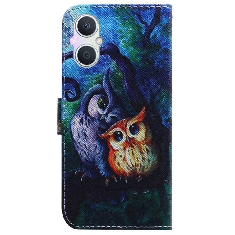 Capa Em Pele Para Oppo Reno 8 Lite Corujas Pintando