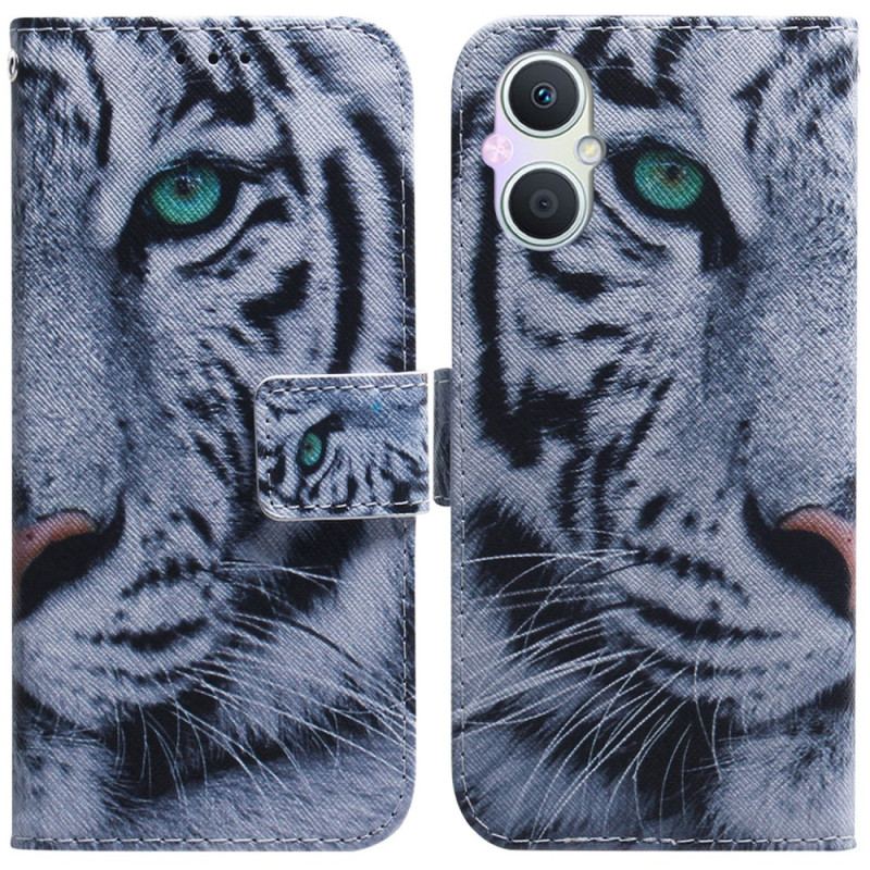 Capa Em Pele Para Oppo Reno 8 Lite Tigre Branco