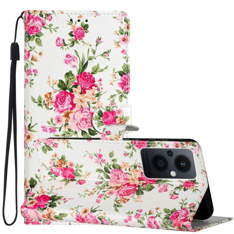 Capa Flip Para Oppo Reno 8 Lite De Cordão Flores Da Liberdade Da Correia