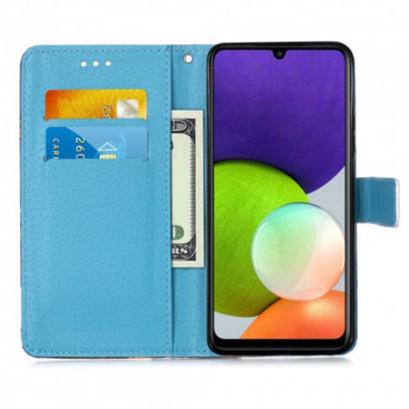 Capa De Couro Para Samsung Galaxy A22 Borboletas Douradas