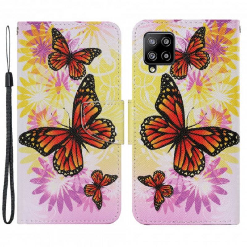 Capa De Couro Para Samsung Galaxy A22 Borboletas E Flores De Verão